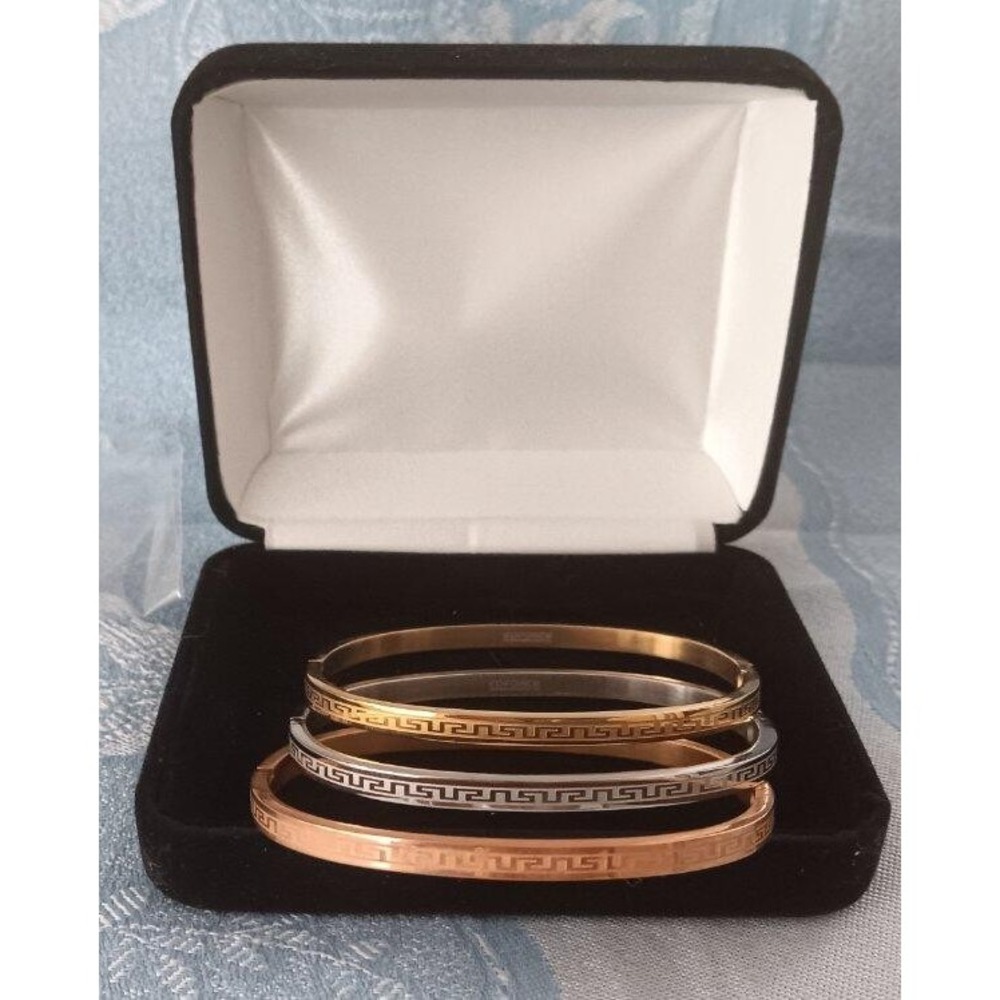 NIB 3 EdForce Stainless Steel Bangle Bracelets Greek Key Rose Yellow Gold Clad